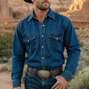 Overland Mens Dark Blue Denim Button Down Shirt SZ M